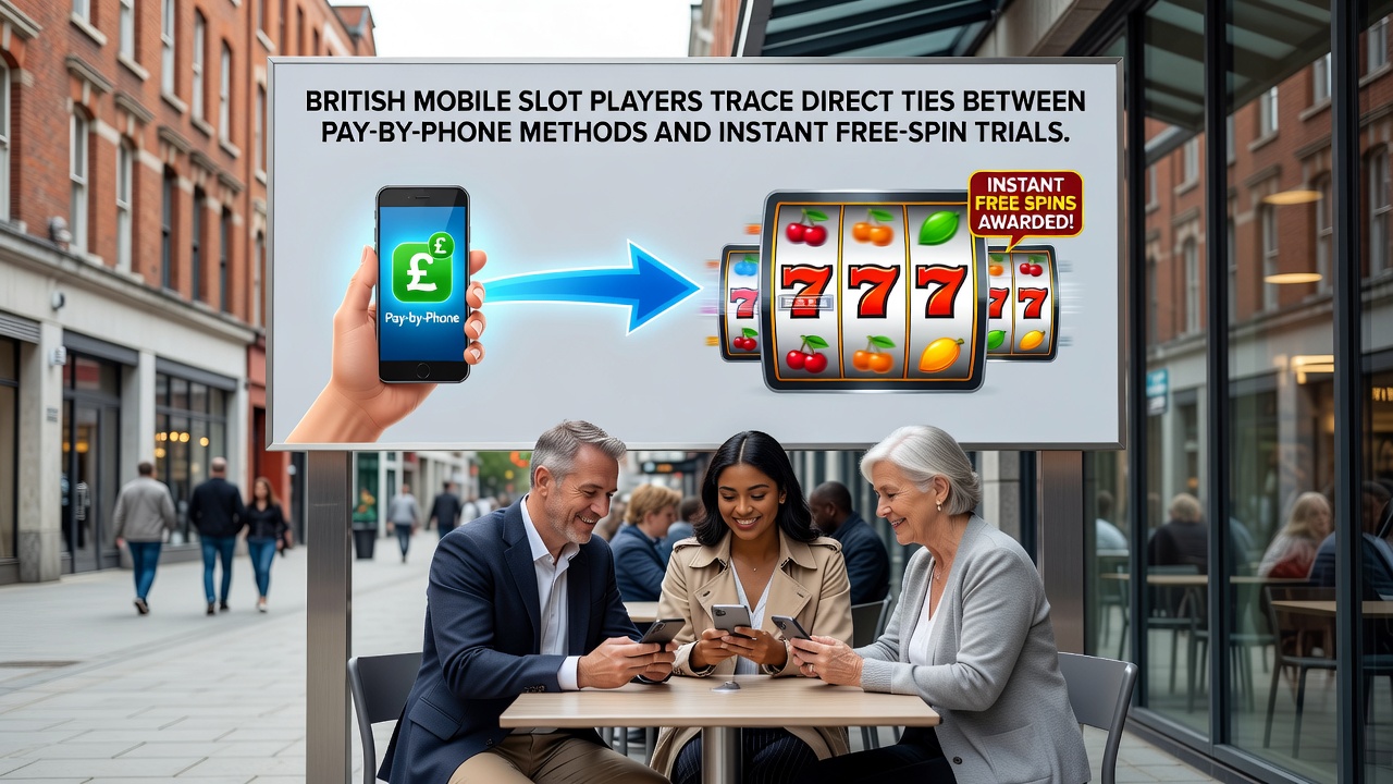 Mobile slot interface showing pay-by-phone deposit leading to free spin activation on progressive jackpot game
