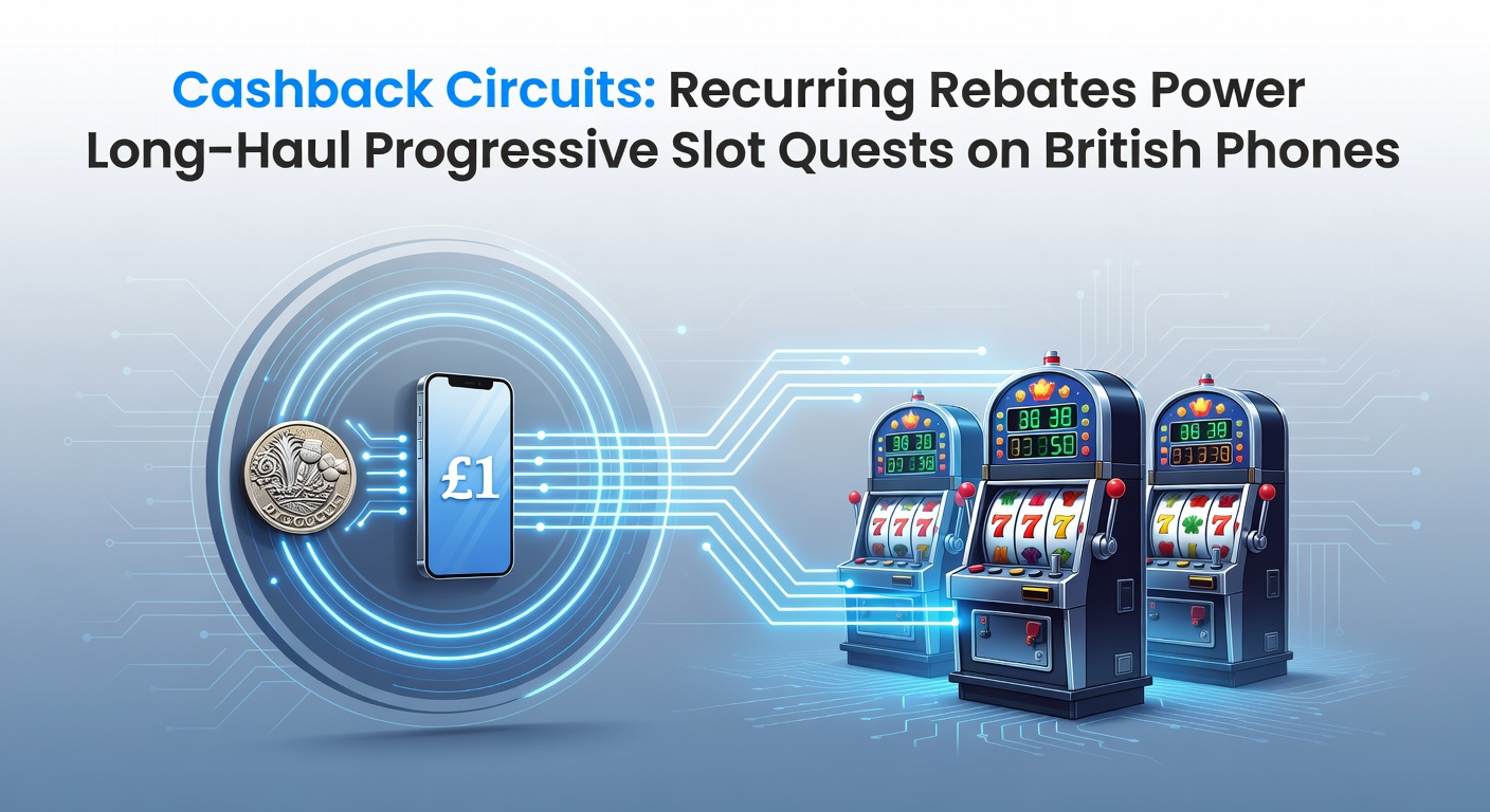 Dynamic graphic showing cashback rebates looping back into mobile progressive slot machines on British smartphones, illustrating sustained play cycles