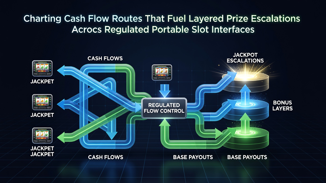 Flow diagram illustrating how contributions from individual mobile sessions accumulate into regional and international progressive prize tiers
