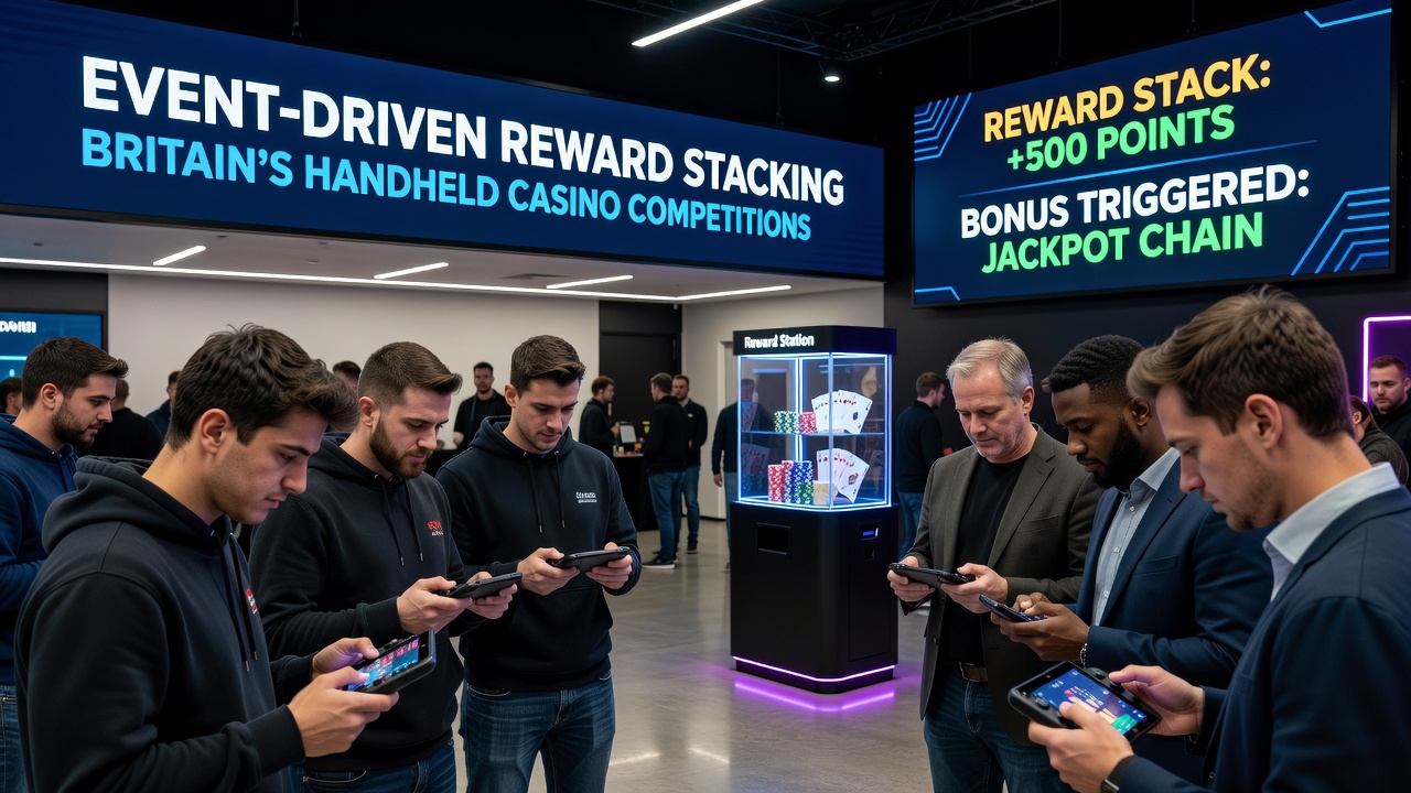 Handheld casino devices displaying stacked reward interfaces during live competitions across Britain