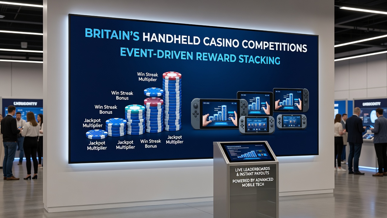 Group of competitors reviewing stacked reward progress on handheld screens during a British casino league event