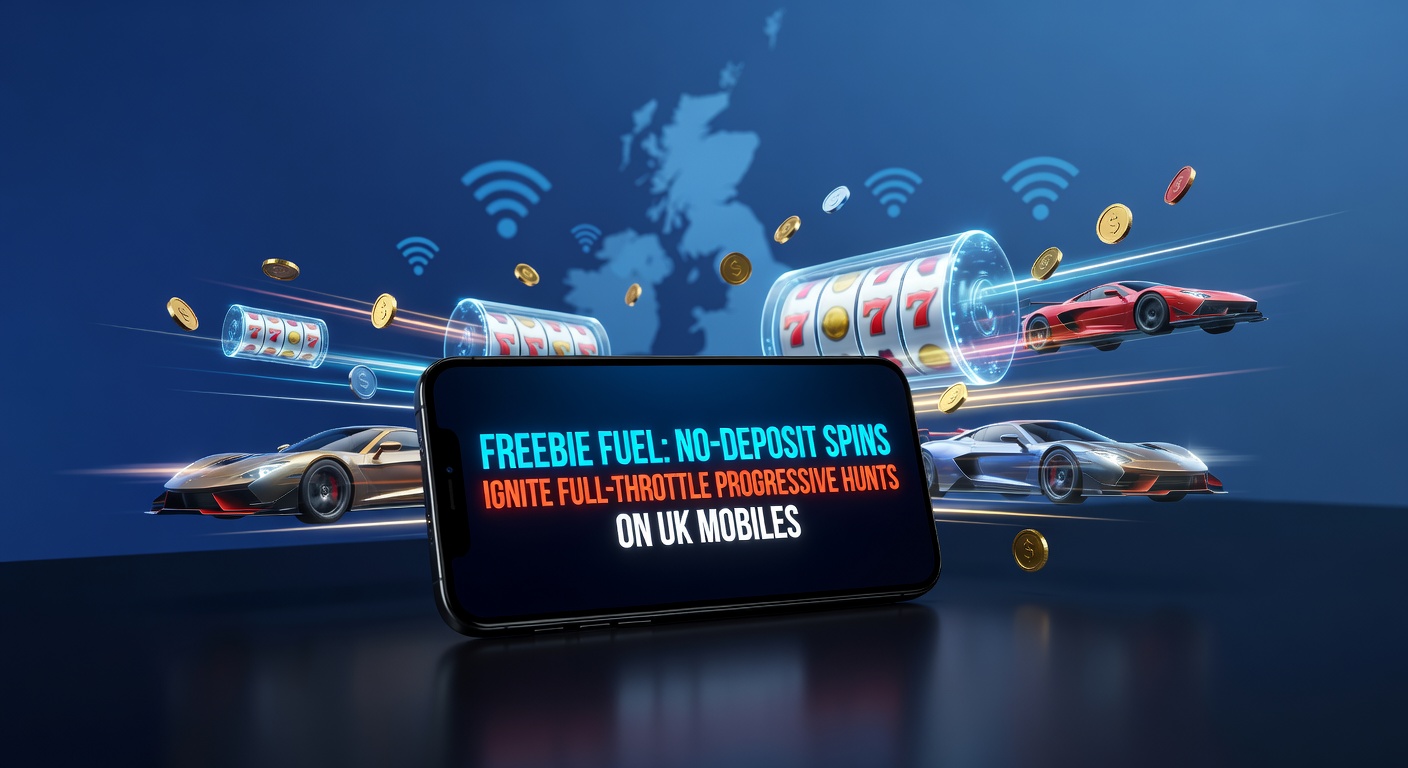 Dynamic close-up of a UK mobile slot app showing no-deposit spins triggering a progressive jackpot climb, with payout meters flashing and bonus wheels ready to spin