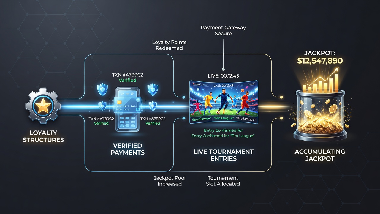 Mobile platform interface showing loyalty points feeding into progressive jackpots