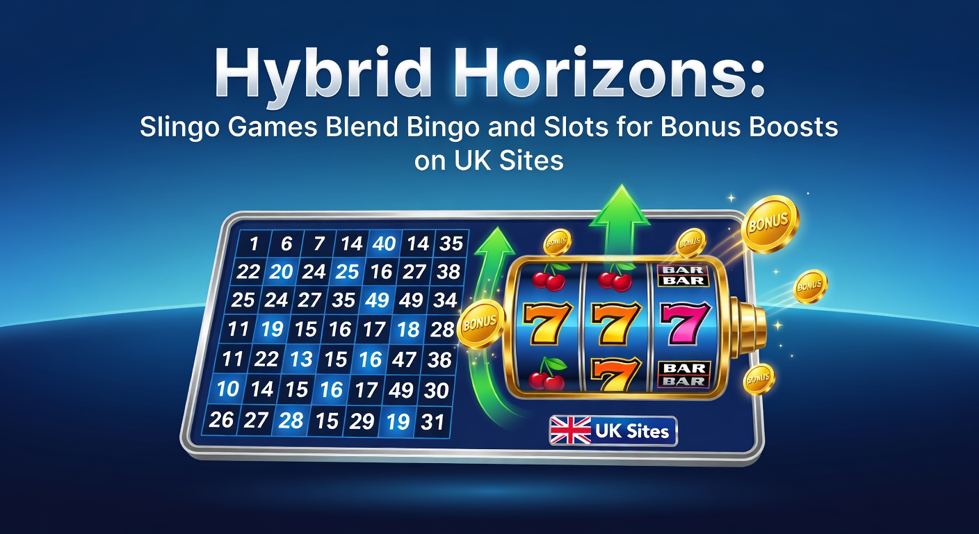 Vibrant Slingo game screen showing a 5x5 bingo grid with spinning slot reels adn glowing bonus lines