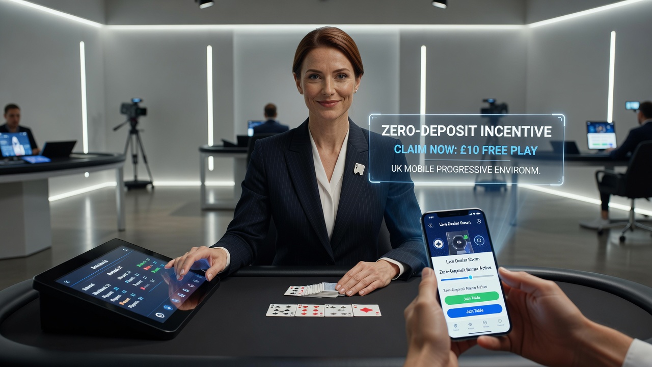 Mobile screen showing zero-deposit bonus activation flowing into a live dealer progressive jackpot round with timer and chat elements