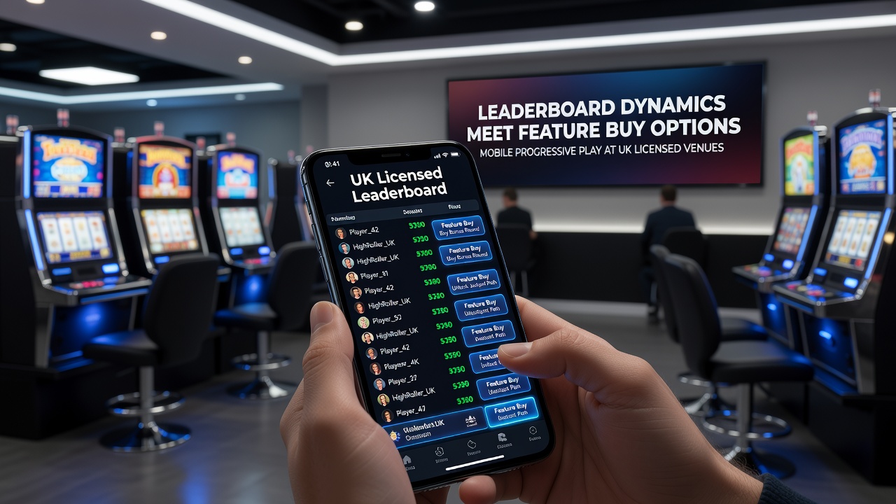 Close-up of a mobile progressive slot screen displaying tiered leaderboard positions next to available feature buy packages