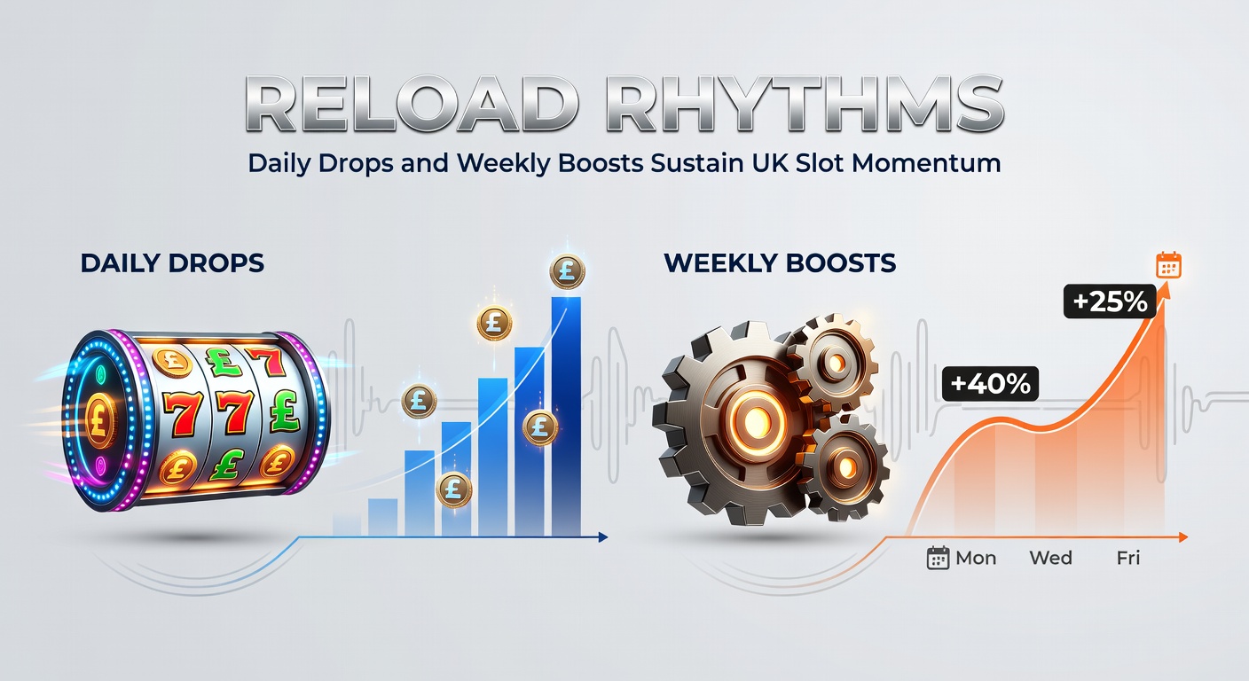 Vibrant slot reels with glowing bonus icons representing daily drops and weekly boosts in UK online casinos