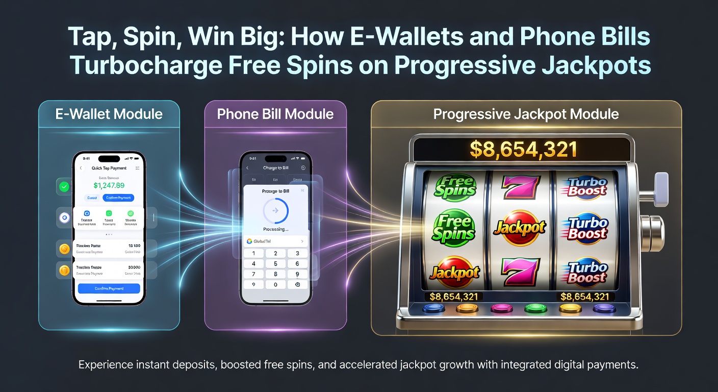 Smartphone displaying a pay-by-phone deposit confirmation screen next to a progressive slot game interface with free spins activating a jackpot trail