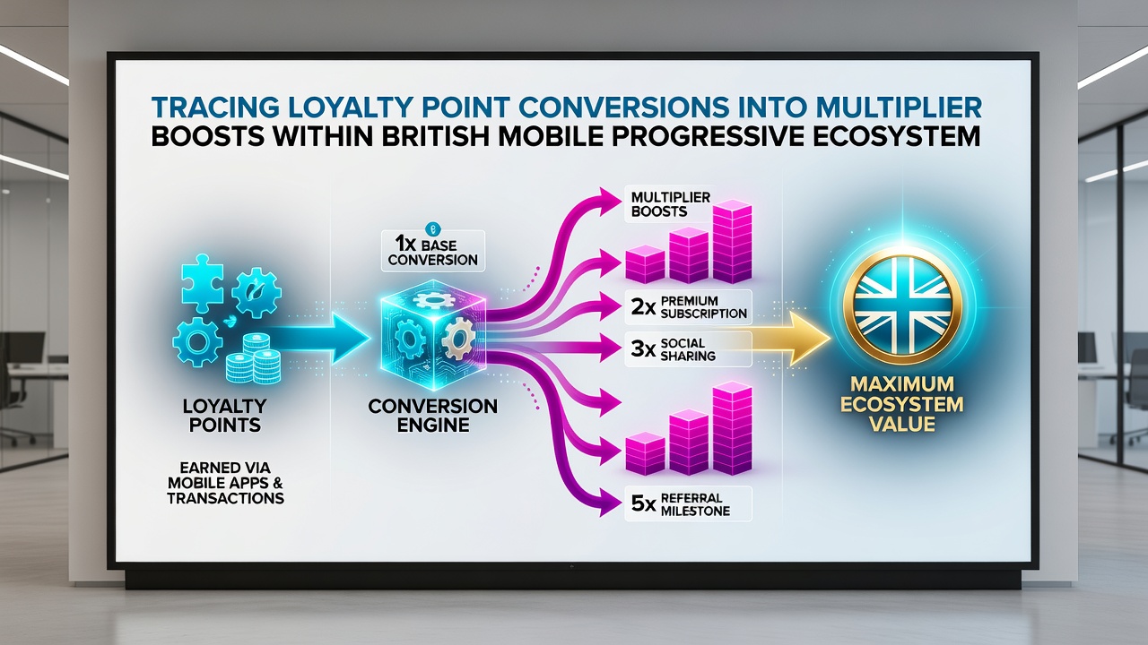 Dashboard view of loyalty points flowing into multiplier settings within a British progressive jackpot mobile application